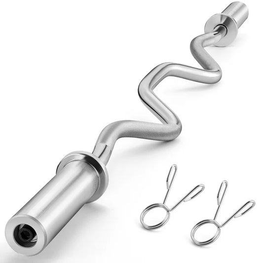 FIXTECH 47" Olympic EZ Curl Barbell Bar for Strength Training, Alloy Steel, Center knurl, Suitable for 2 inch Weight Plates, Silver